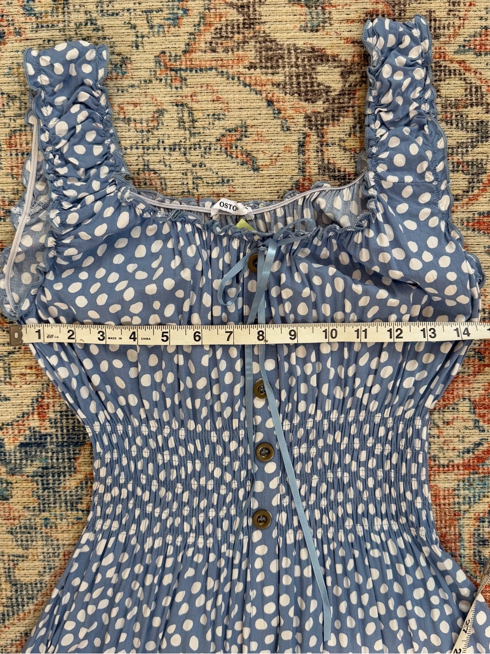 Blue White Polka Dot Boho MILKMAID Dress Peasant Sundress Smocked Maxi Dress S - Picture 8 of 10